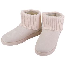 Women Lady Snow Boots Suede Mid-Calf Boot Shoe Short Plush Warm Lining Shoes w/ Anti-slip Rubber Base Knitting Design (Option: Beige-7)